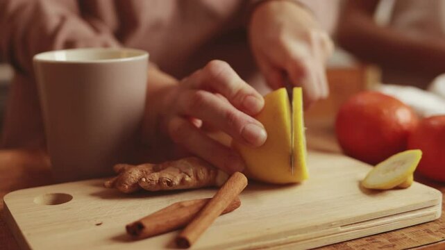 Skilled female hand slicing fresh lemon on rustic wooden surface, preparing aromatic herbal tea with ginger, cinnamon, gathering warm mug nearby