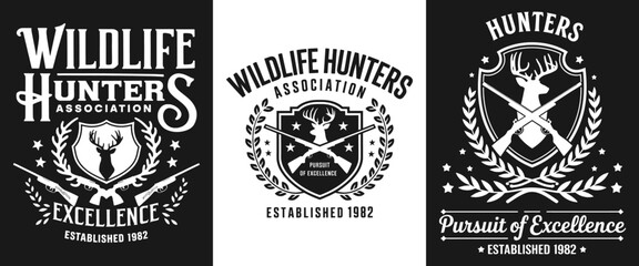 Stylish T-Shirt Design Featuring 'Wildlife Hunters Association' with Classic Hunting Imagery – Perfect for Outdoor Enthusiasts Committed to Excellence Since 1982!