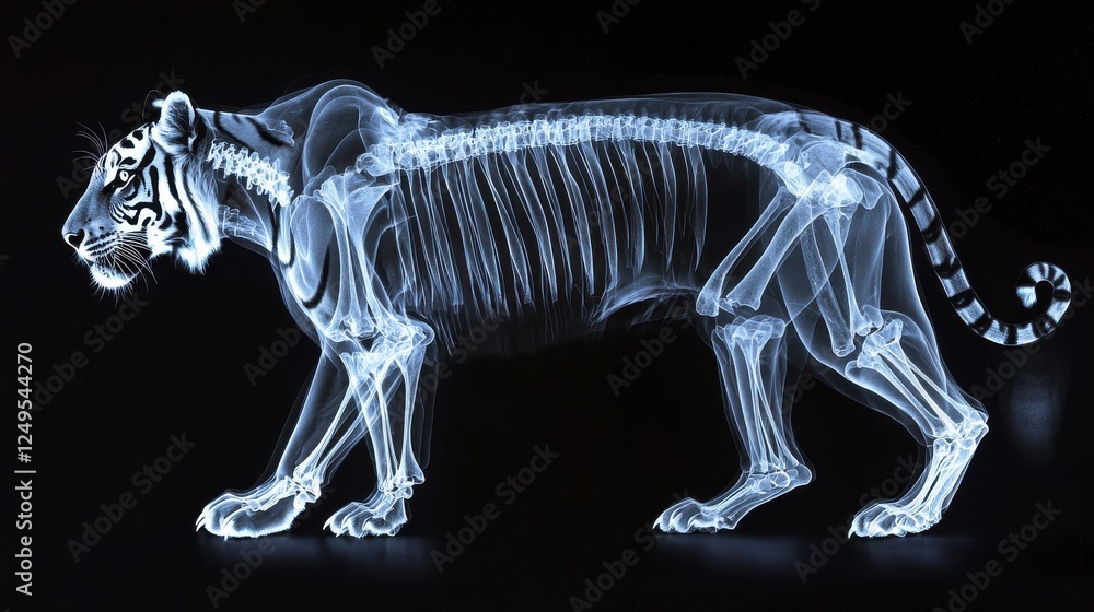 Poster digital x ray rendering of a tiger, showcasing its skeletal structure in glowing light on a black ba