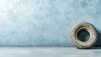 Worn tire rests against a light grey-blue garage wall. Minimalistic tools are visible, creating a simple and industrial atmosphere. The scene emphasizes durability and utility