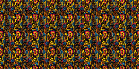 Abstract African art shapes seamless backgrounds, tribal geometric decoration patterns. Colored flat boho symbols illustrations	