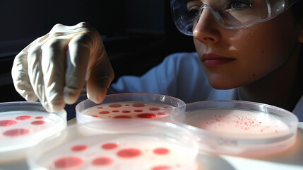 Scientist conducts research with petri dishes in a laboratory setting focused on microbiology and culture analysis
