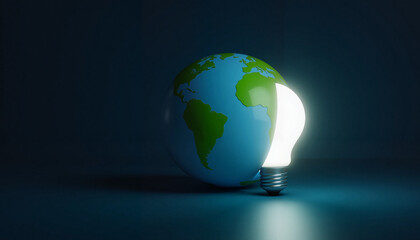 Earth blended with glowing light bulb in nighttime ambiance, sustainability