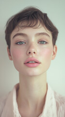 Young caucasian female with short hair and natural makeup looking confident
