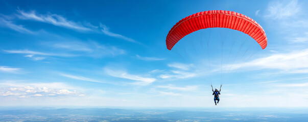 Skydiver suspended in mid-air under a vibrant red parachute, soaring above picturesque landscapes with dramatic mountains in the background and a clear blue sky stretching endlessly