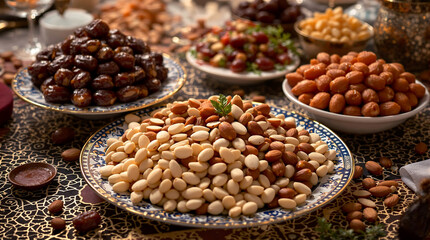 Traditional Middle Eastern Date and Nut Platter in Decorative Bowls