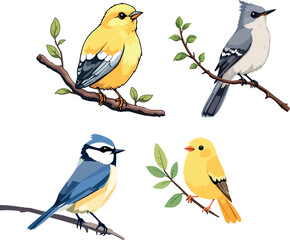 Vsai colorful birds perched on branches illustrations