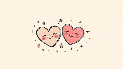 Cute doodle of two smiling hearts with stars and little details conveying love and joy
