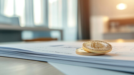 Cryptocurrency concept featuring golden bitcoin resting on financial ledger, intersecting with blockchain network visualization representing digital currency landscape