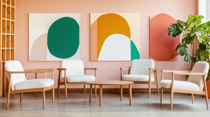 Mid-Century Modern Living Room: A curated space exudes elegance and warmth, featuring three mid-century modern armchairs, a round coffee table, and two abstract art canvases on a soft pink wall.