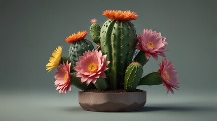 Vibrant cactus featuring smooth textures and blooming pastel-colored flowers on its arms