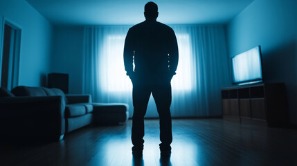 Silhouetted anonymous person standing motionless near flickering television screen, casting eerie shadows across minimalist living room interior, generating unsettling psychological tension