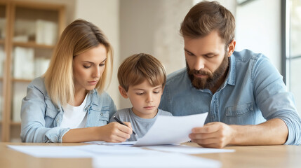 Family of three sits at a modern table, sorting through financial documents. The scene captures a cooperative approach to budgeting and financial planning in a bright, minimalist home setting