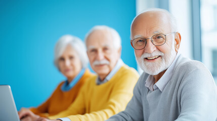 Elderly couple attentively engaging with a financial advisor. The advisor uses a laptop to present data, fostering a professional and informative atmosphere in a bright, minimalist environment