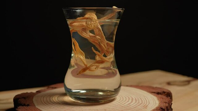 Psilocybin mushroom tea effects therapy concept. Psychedelic medical fresh tea for depression, anxiety and sleep. Mental health and natural medicine, psychedelic treatment and wellness. Tea brewing.