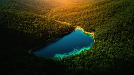 Fototapeta premium Exploring scenic serenity aerial view of tranquil lake surrounded by lush forests at sunset