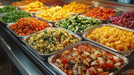 A colorful display of fresh chopped vegetables and fruits in trays.