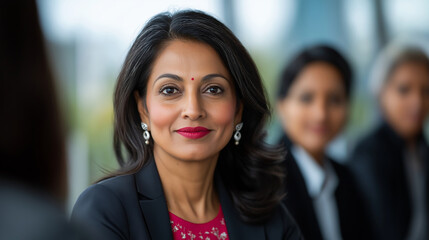 Middle-aged Indian woman in a formal setting, confidently participating in a panel interview. The minimalist composition emphasizes professionalism and leadership qualities