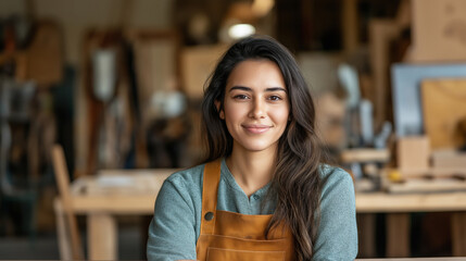 Latina woman in her late 20s attentively participating in a hands-on training session, surrounded by woodworking tools in a workshop. The scene captures focus and dedication