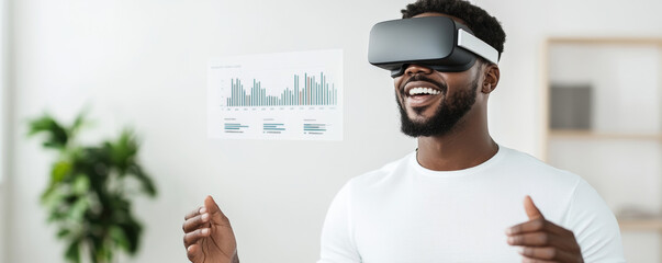 Professional businessman wearing virtual reality headset, analyzing dynamic digital data visualization with interactive holographic graphs representing business performance metrics
