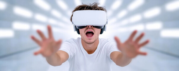 Person engaging with a virtual reality environment, wearing a VR headset and gloves. Surrounded by glowing data grids, they explore a futuristic digital interface in a minimalist setting