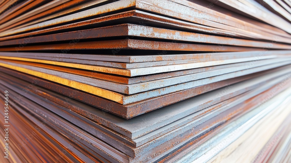 Poster stacked metal sheets showcasing various textures and colors in a workshop environment