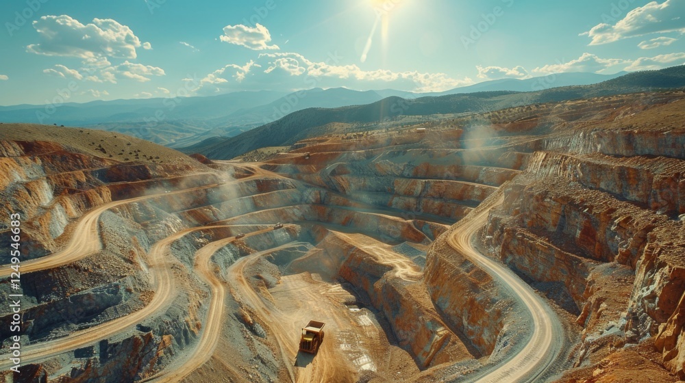 Leinwandbilder A vast open pit mine features heavy machinery navigating winding dirt roads, while the sun shines brightly above distant mountains and clouds creating an expansive sky.