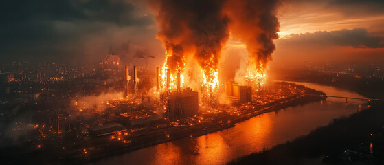 Massive fire engulfing power station at sunset, creating chaos