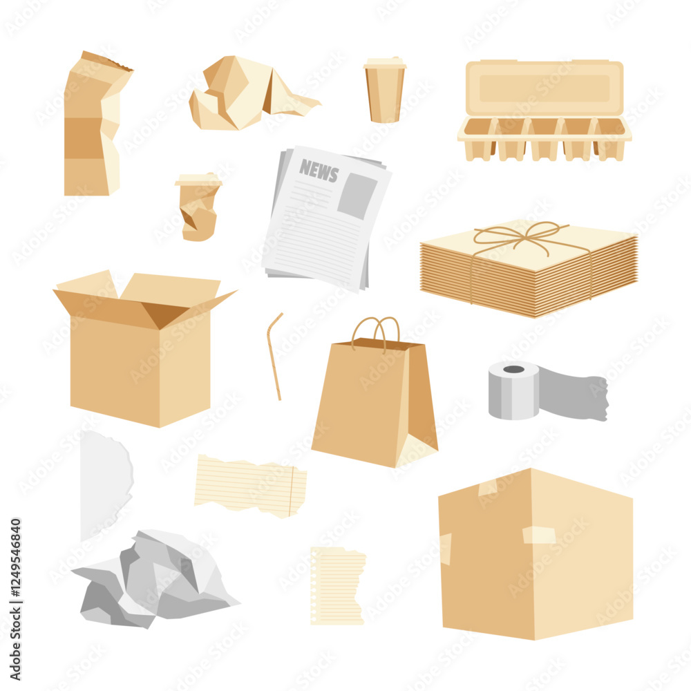 Poster cartoon color different paper trash set recycle garbage concept flat design style. vector illustrati