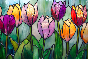 colorful stained glass window depicting tulips in warm tones with a blue night sky and glowing stars, concept of handmade decor, stained glass art, and artistic illumination