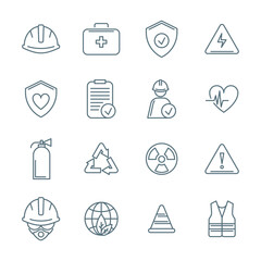 Health Safety Environment Sign Black Thin Line Icon Set. Vector illustration of First Aid Kit and Protective Mask Icons