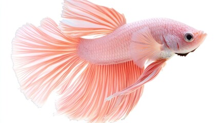 Fototapeta premium A pastel pink butterfly betta fish with soft translucent fins, gently floating against a white background.