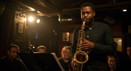 Jazz musician passionately plays saxophone on stage in a dimly lit bar, with an engaged audience