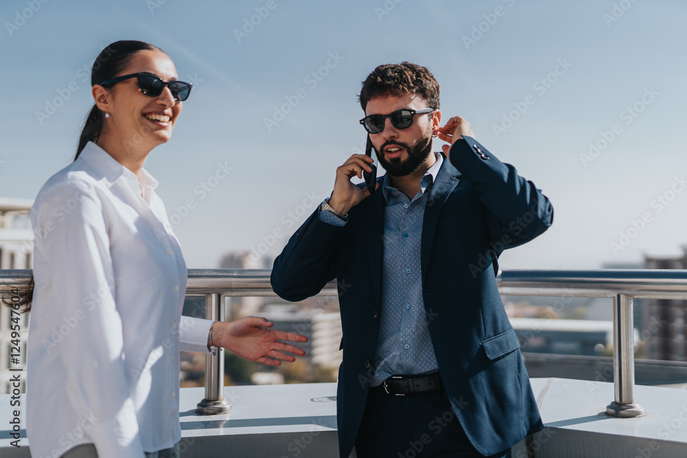 Wall mural Two business people wearing sunglasses engage in conversation on a high tower balcony. The modern setting highlights a relaxed yet professional atmosphere under the bright sun.