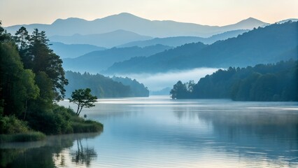 Fototapeta premium View of a tranquil lake surrounded by trees and misty mountains