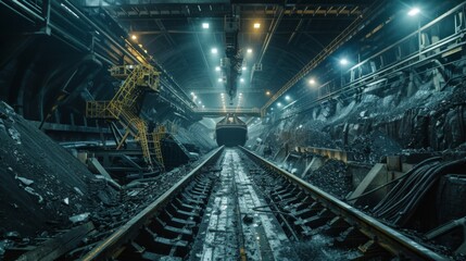 Inside a coal mine, illuminated tracks stretch into the distance, flanked by piles of coal and heavy machinery under bright overhead lights in the evening.