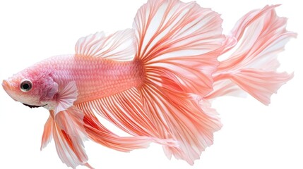 Fototapeta premium A pastel pink butterfly betta fish with soft translucent fins, gently floating against a white background.