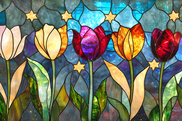 stunning stained glass tulip design with rich colors and glowing golden details set against a deep blue background, concept of elegant home decoration, artistic glasswork, and floral aesthetics
