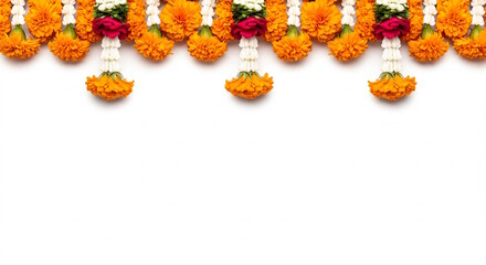 garland of marigold flower with leaves known in India as Toran, for Indian Hindu religious festival, Diwali, new year, Ganesh Chaturthi, weeding decoration, isolated, white background with copy space