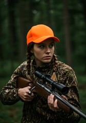 Fototapeta premium Woman hunter in forest with rifle. Female in camouflage and orange safety cap. Outdoor shooting sport. Wildlife conservation. Hunting season concept