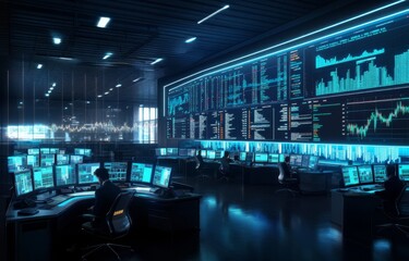 Futuristic control room, night, data displays, workers monitoring