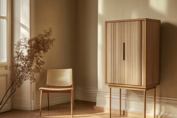 Light wood cabinet and chair in sunlit room.