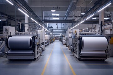 Obraz premium Impressive machinery operates in a modern textile factory during daytime shifts