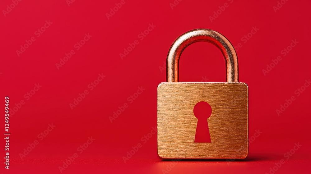 Poster gold lock on red background symbolizing security and protection concepts