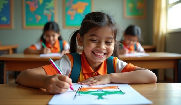 happy indian schoolgirl painting the tricolor flag