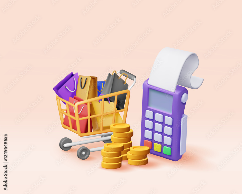 Poster 3d payment terminal with coins and shopping cart. render shopping concept. payment nfc keypad machin
