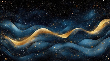 Abstract depiction of flowing waves with golden accents against a starry night background.