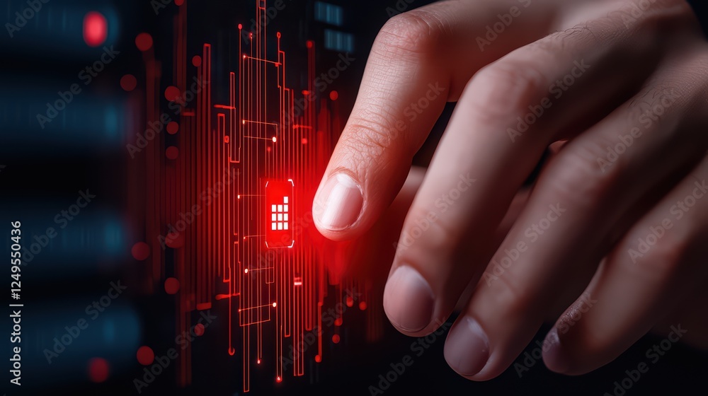 Aufkleber hand pressing digital button on futuristic interface with red lights