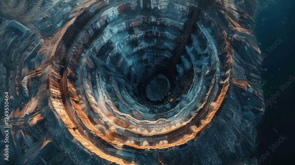 Poster aerial view of a deep open pit mine reveals complex layers of rock and soil shaped by excavation, su