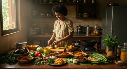 Fototapeta premium Woman preparing fresh vegetables in a rustic kitchen, surrounded by vibrant ingredients and cooking tools